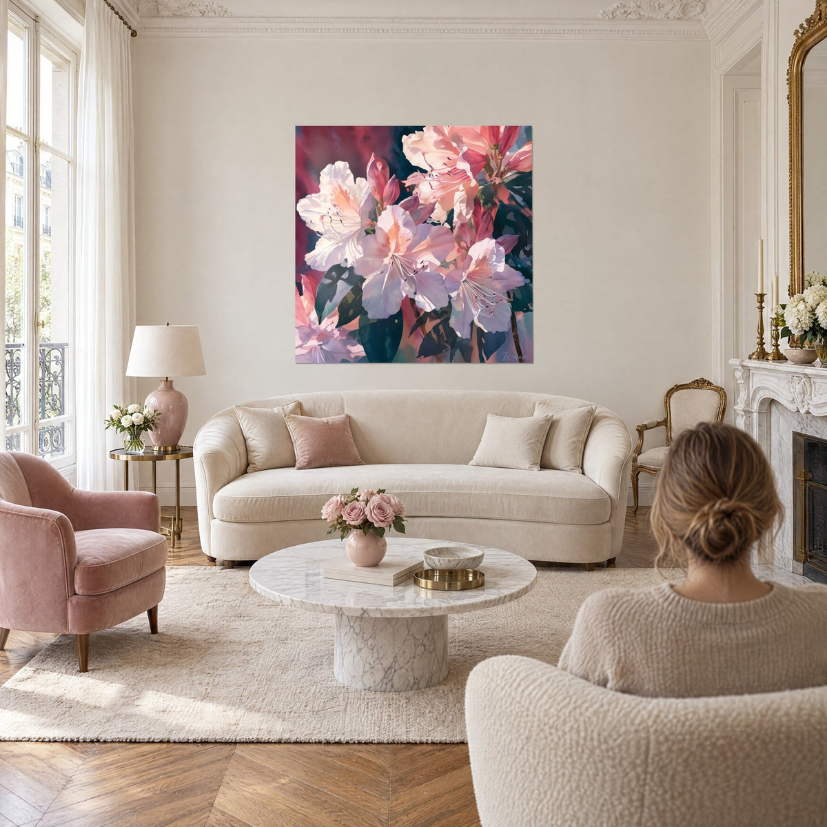 Tableau azalées blanches aux étamines fines, fond bordeaux et feuilles vert sombre, au-dessus d'un canapé dans un salon lumineux