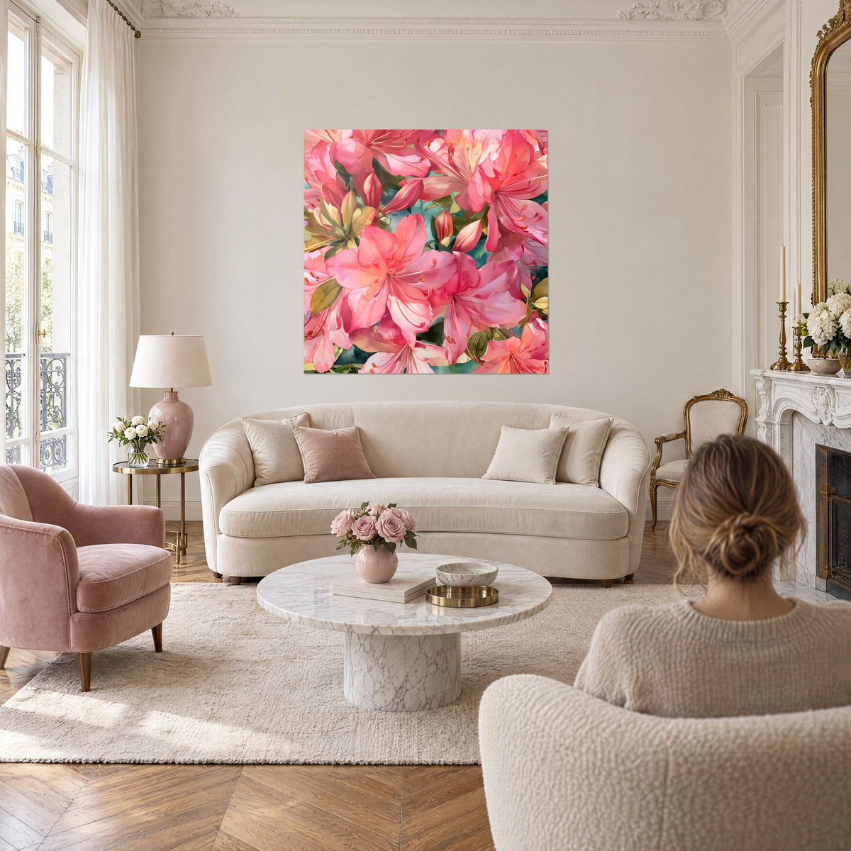 Tableau azalées corail en aquarelle, pétales roses et feuilles vertes, une femme chignon de dos, au-dessus d'un canapé dans un salon lumineux