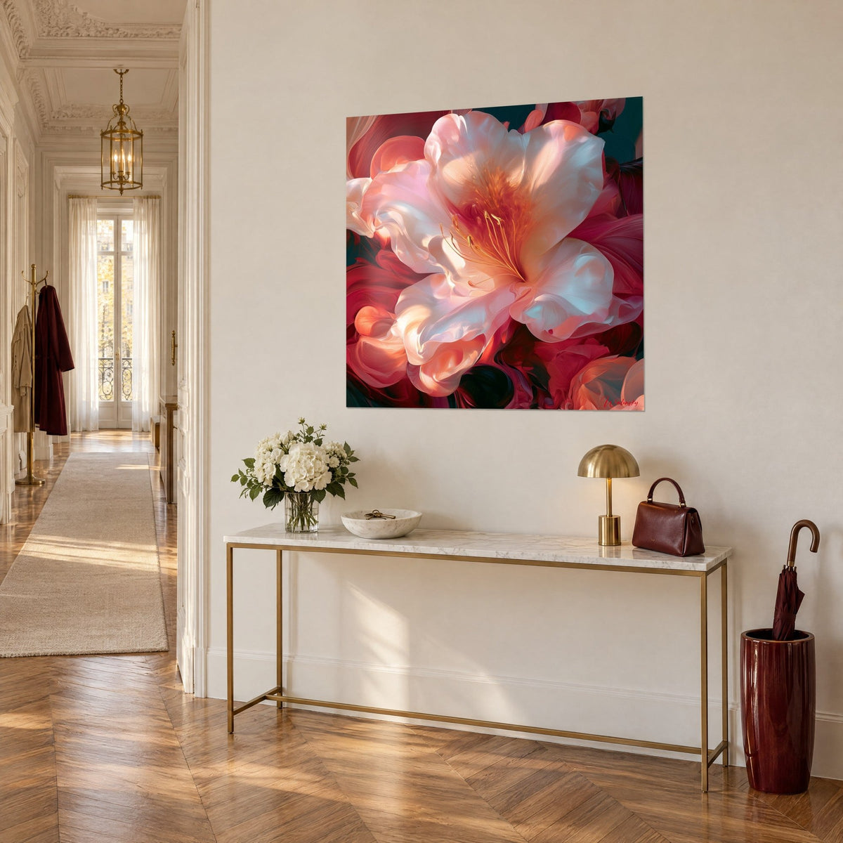 Tableau grande fleur veloutée, pétales ivoire et rose poudré, étamines ambrées, sur une console dorée, couloir haussmannien
