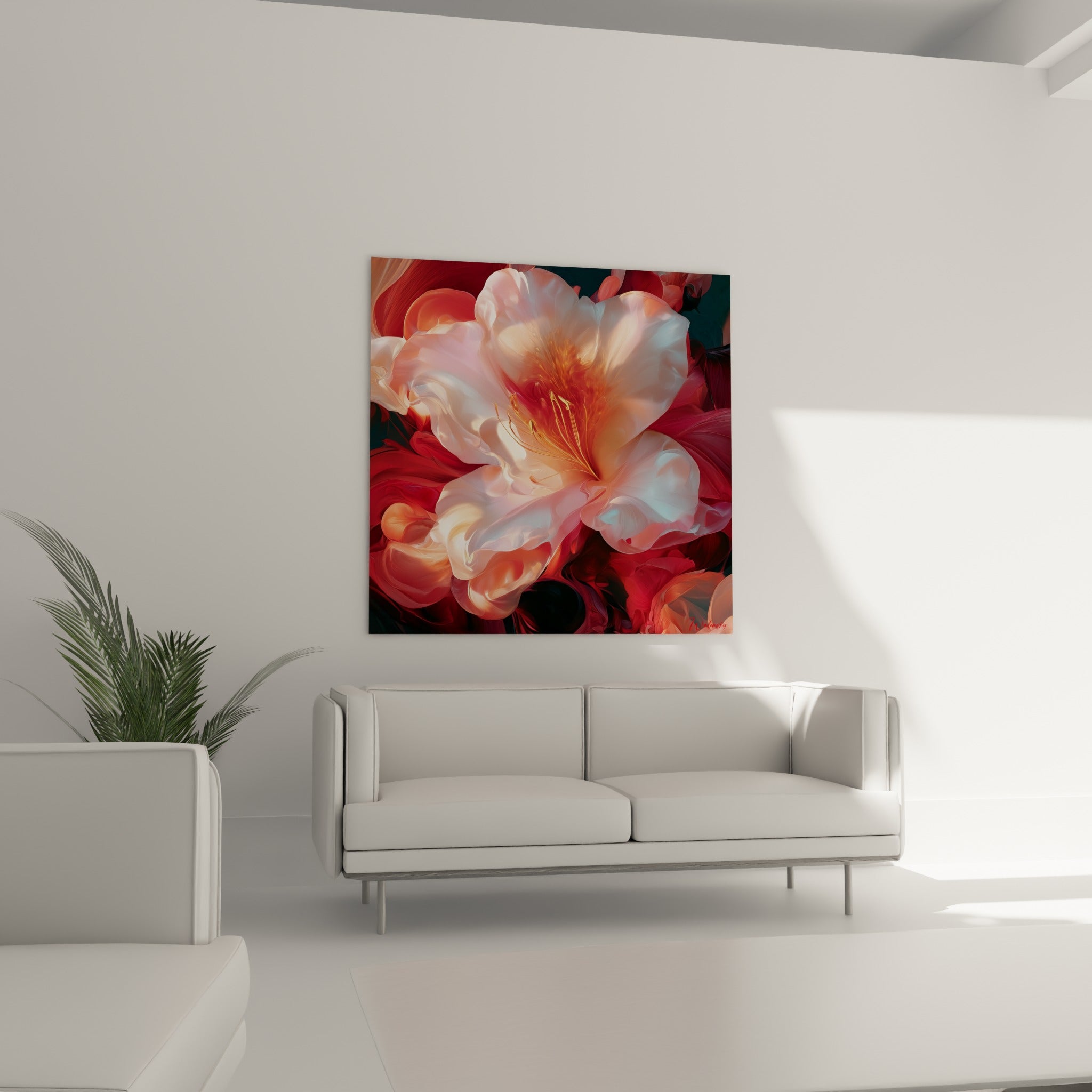 Fleur d'azalée rose et bordeaux aux nuances translucides au-dessus d'un canapé dans un salon lumineux
