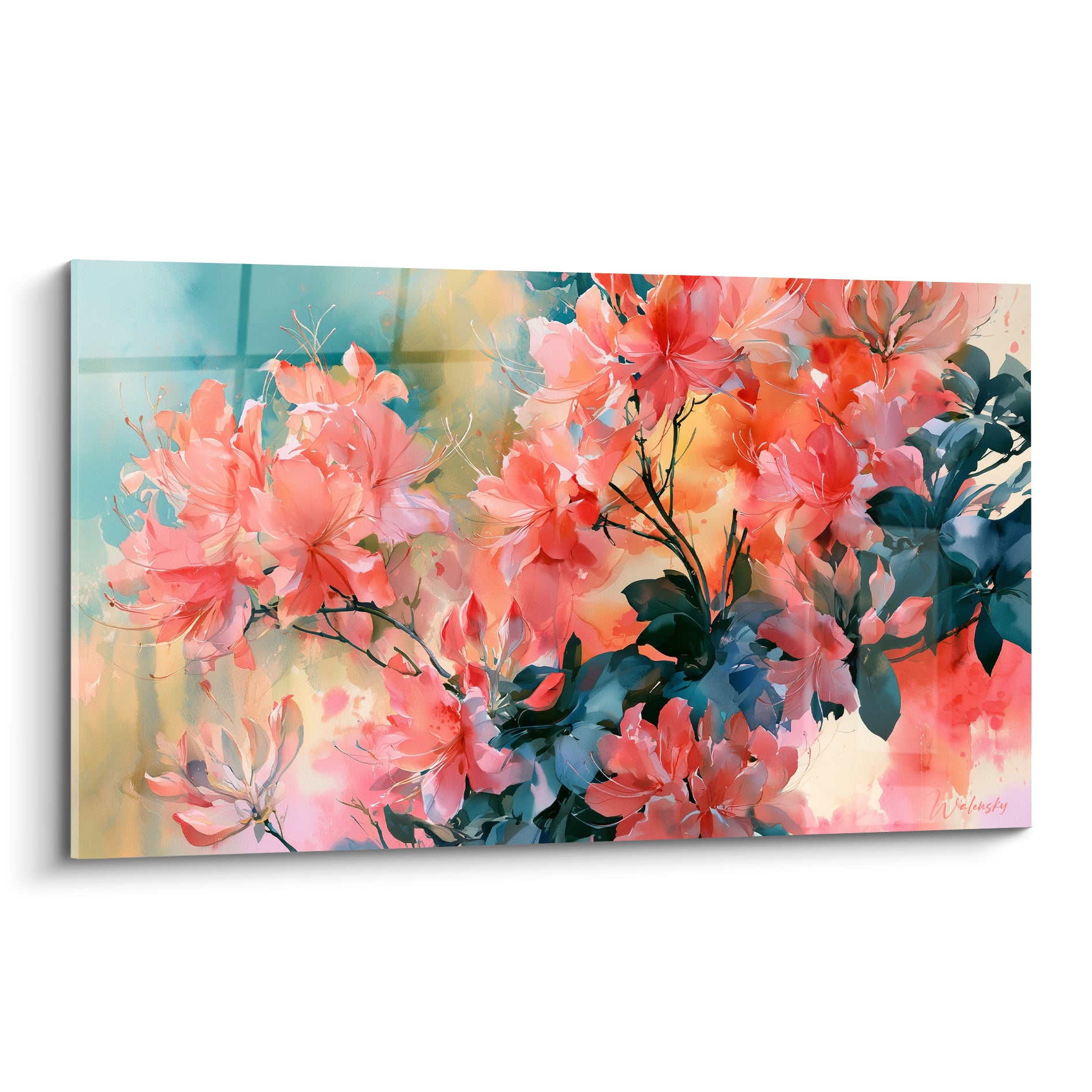 Azalées corail et feuillage bleu pétrole en pleine floraison, style aquarelle vaporeuse et lumineuse