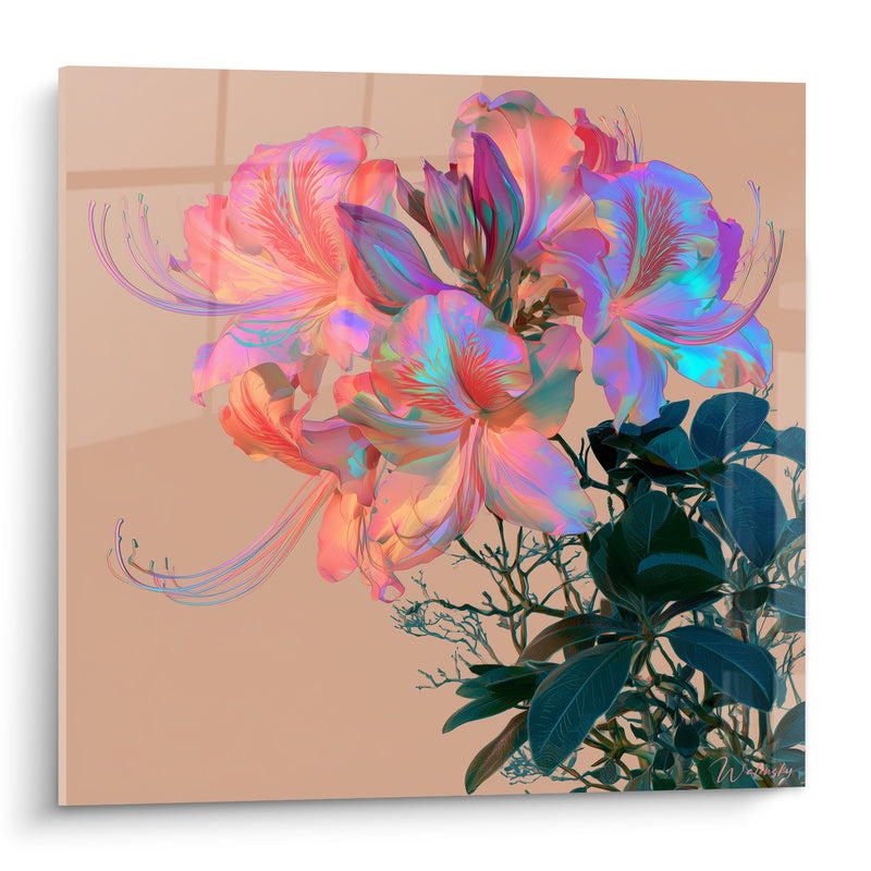 Tableau Azalées corail et bleu irisé - Éclosion irisée - Edition Azalée