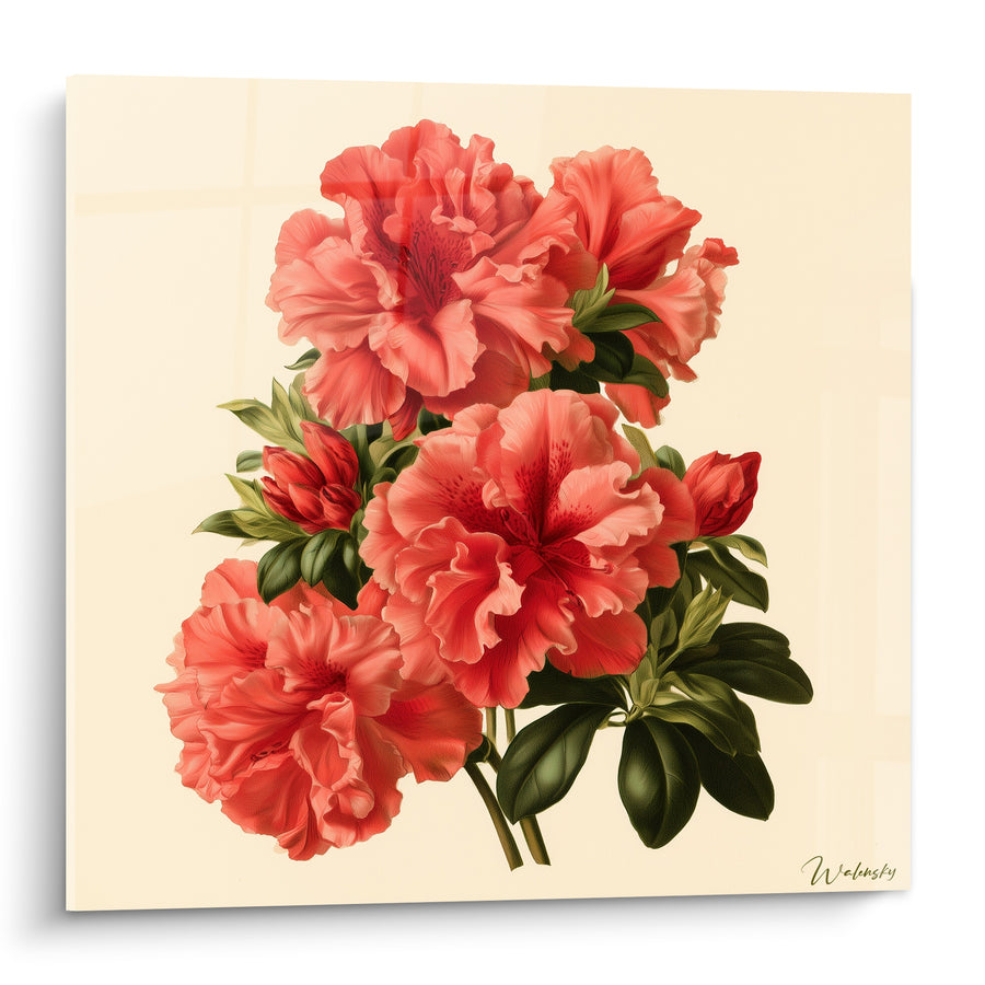 Tableau Azalées corail et vert sur fond ivoire - Floraison printanière - Edition Azalée