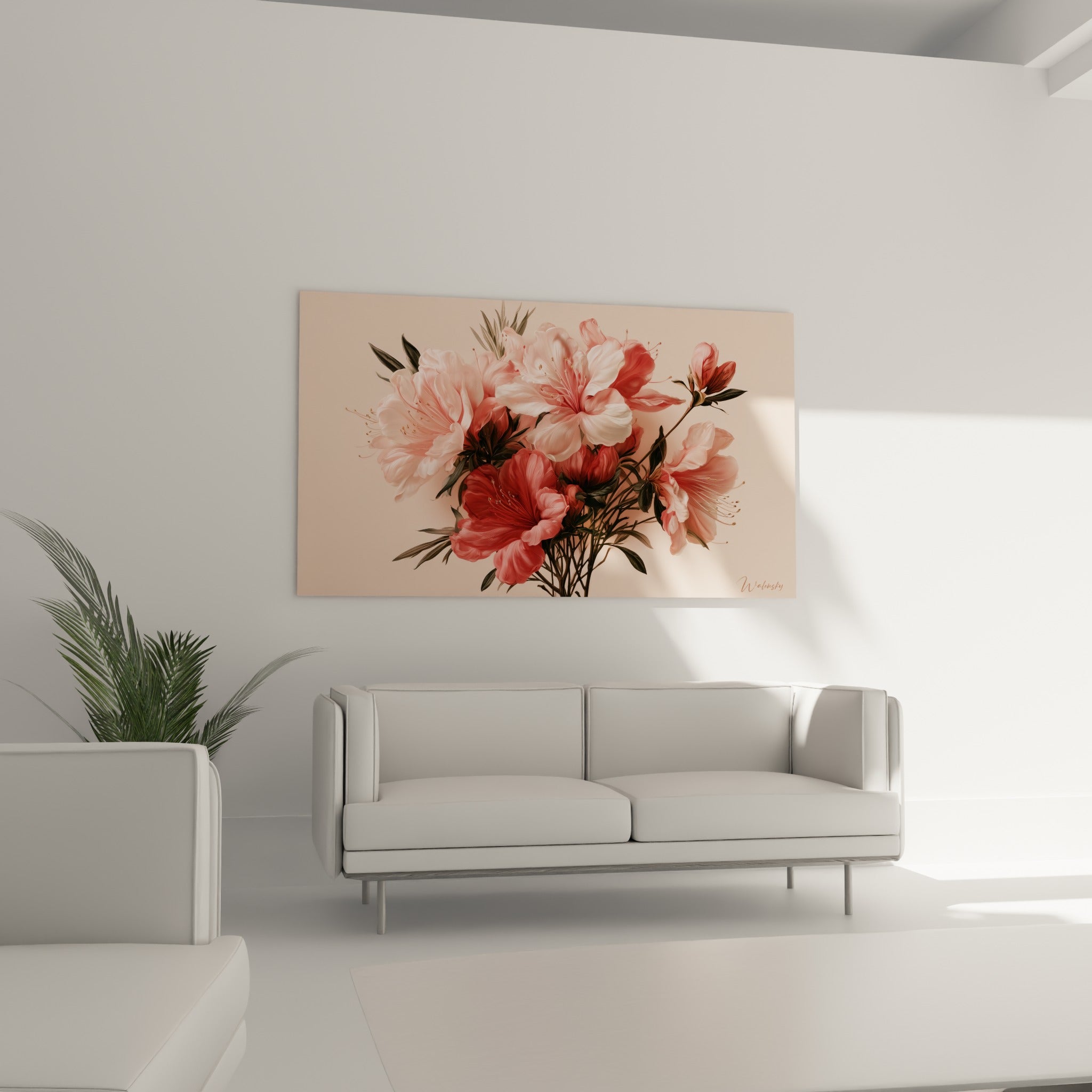 Fleurs d'azalée aux tons corail et rose poudré sur fond nude, au-dessus d'un canapé dans un salon lumineux