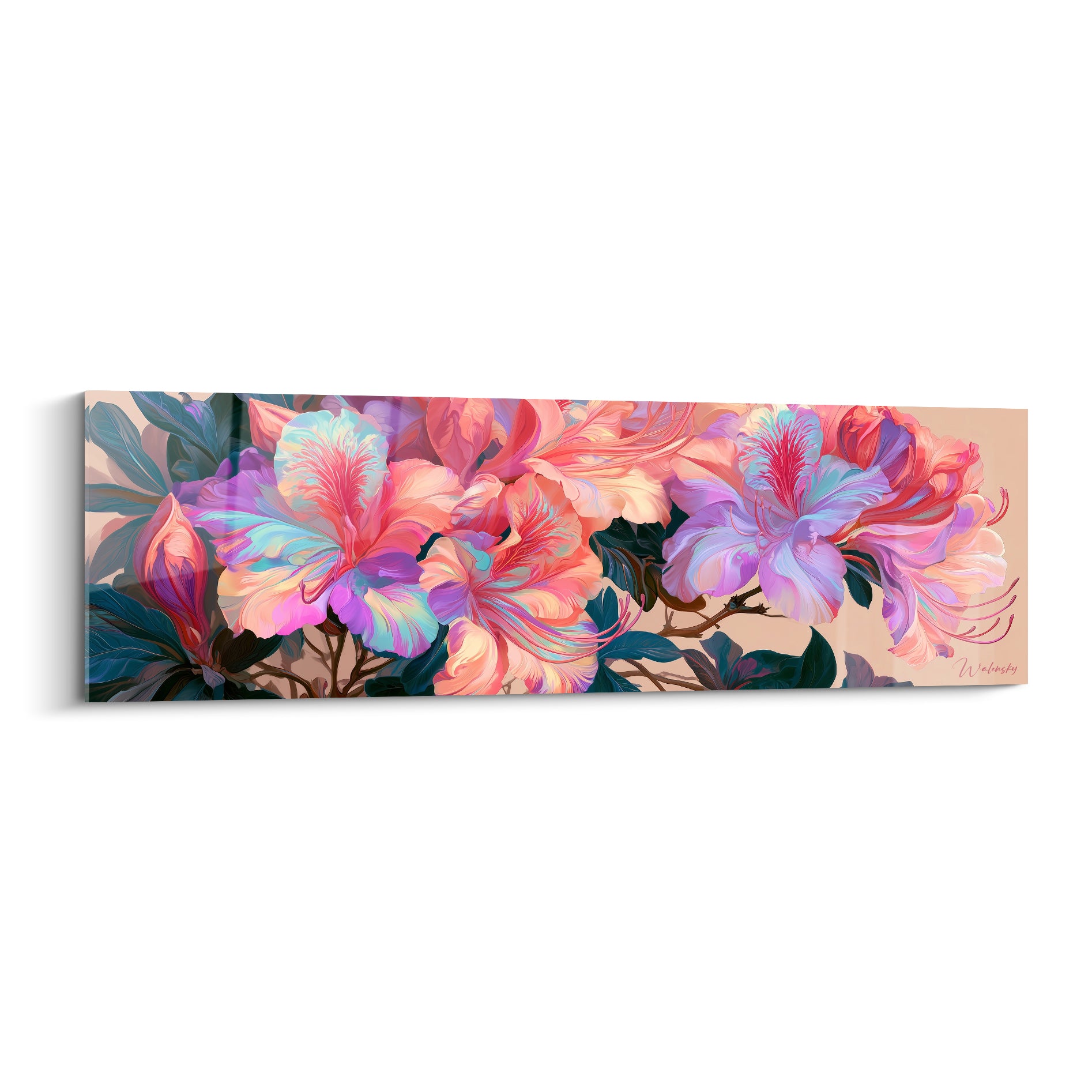 Azalée aux pétales corail et mauve irisés, nervures fuchsia sur fond beige neutre