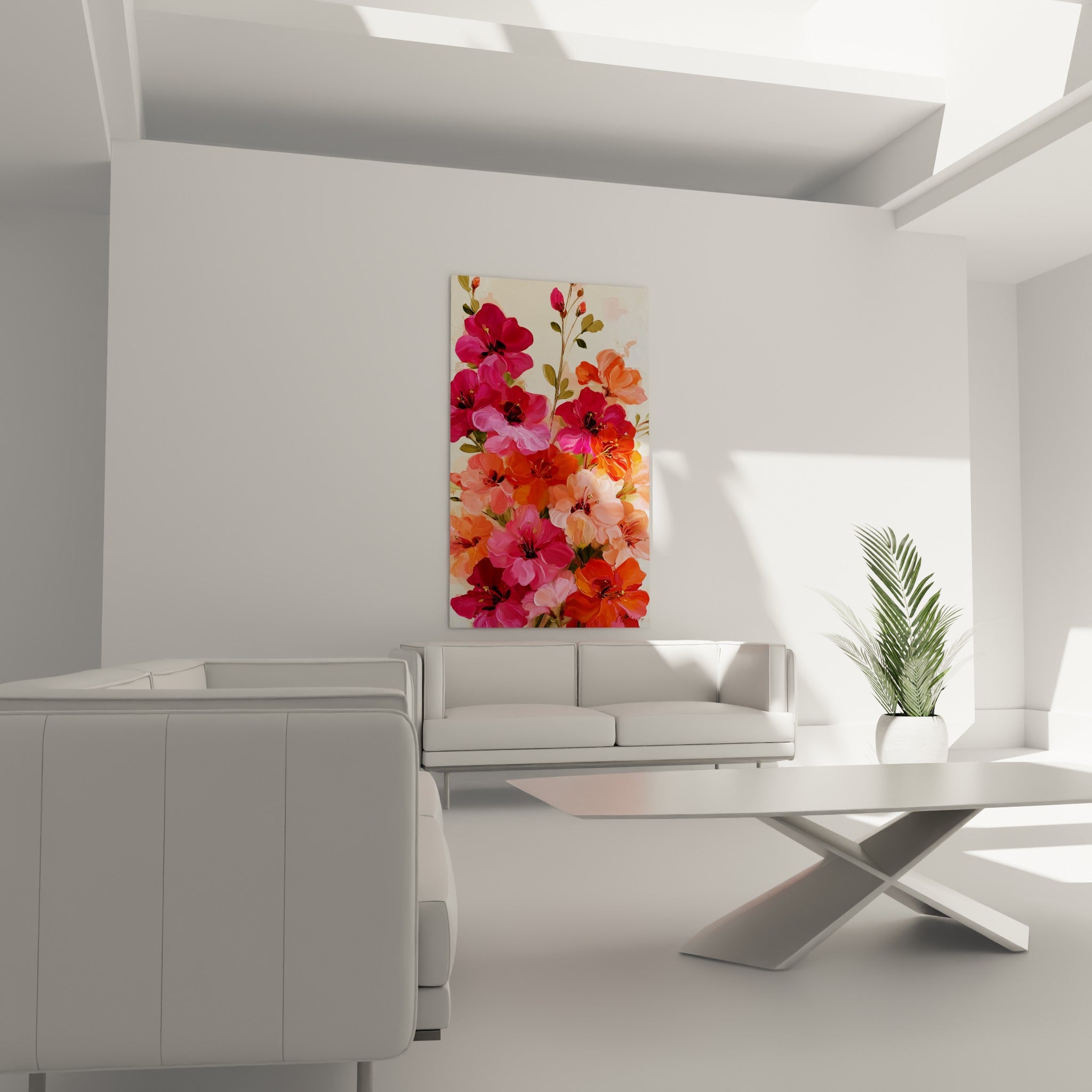 Fleurs d'azalée fuchsia et pêche disposées au-dessus d'un canapé dans un salon lumineux