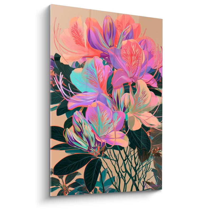 Tableau Azalées corail et turquoise fond beige - Floraison électrique - Edition Azalée