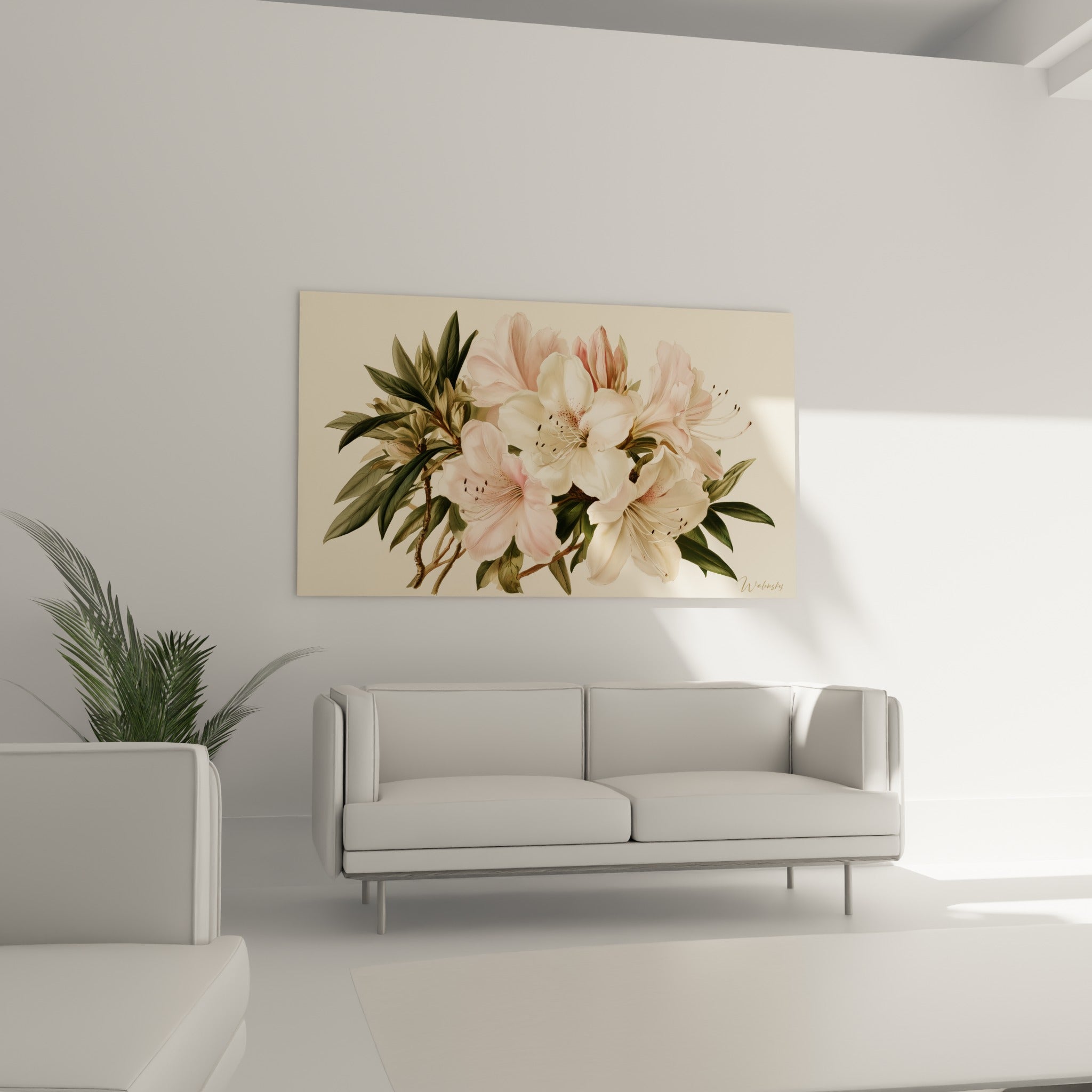 Corolles d'azalées ivoire et rose pastel disposées au-dessus d'un canapé dans un salon lumineux.