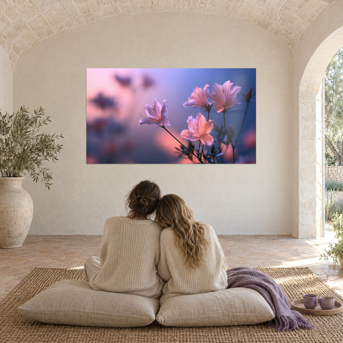 Quadro di fiori delicati rosa chiaro davanti a una sfumatura di lavanda e pesca, visto da cuscini a terra, coppia abbracciata di spalle