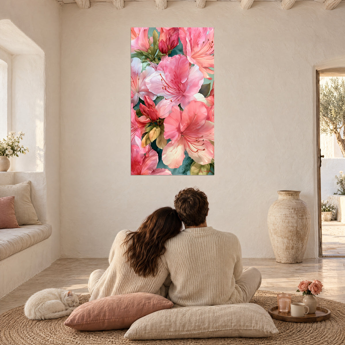 Cuadro de flores de azalea rosa tierno y hojas verde musgo, pareja de espaldas sobre cojines, gato en reposo, casa blanca