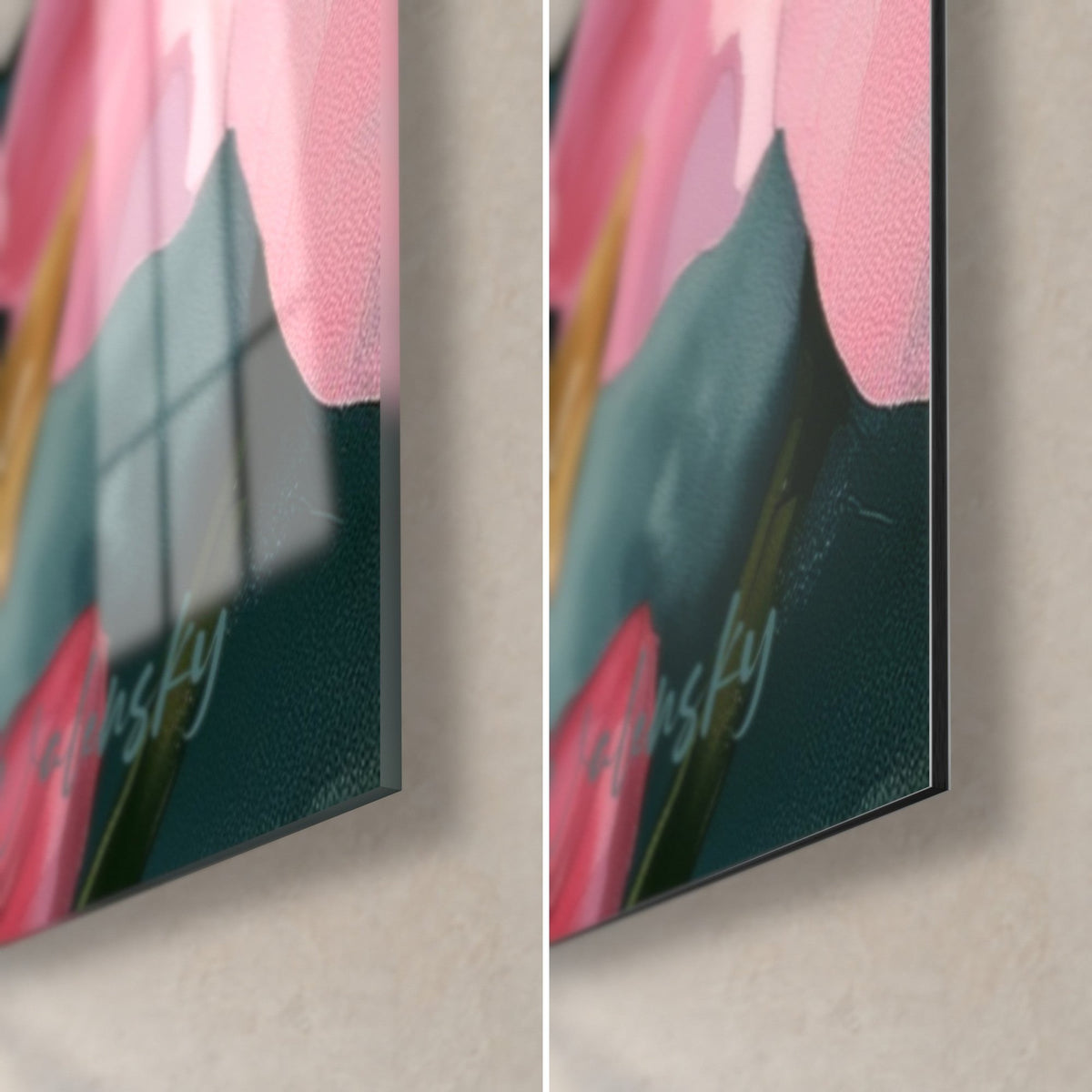 Tableau fleurs d'azalée rose pâle, pétale et feuille vert sapin, coin bas droit : verre brillant à gauche, Dibond mat à droite