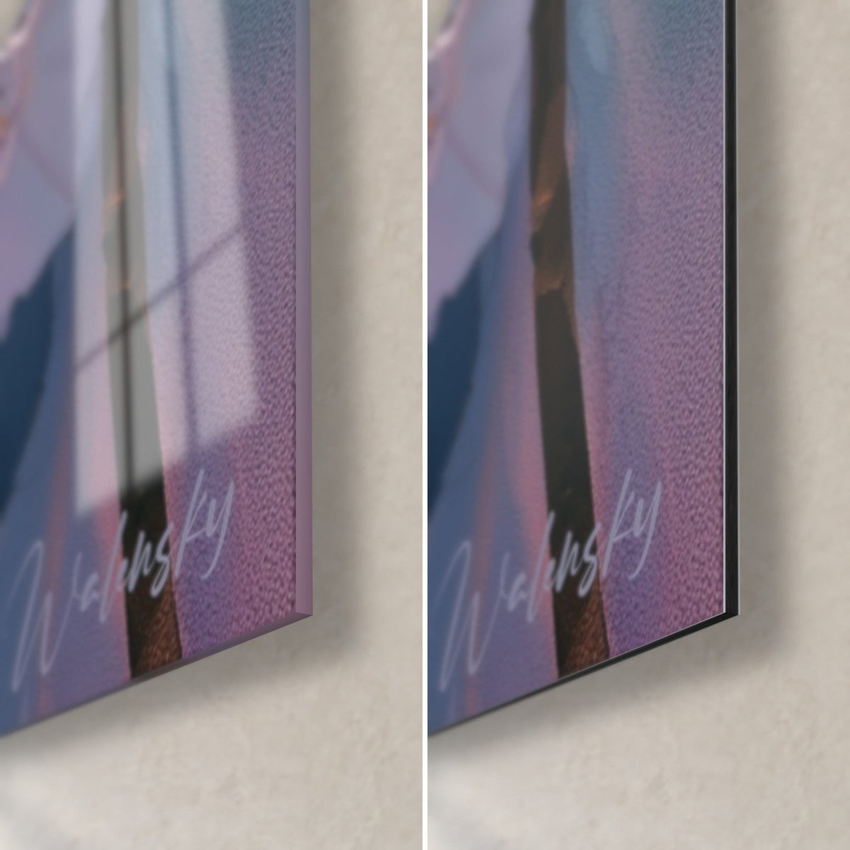 Tableau fleur d'azalée rose et blanche, coin bas droit : verre acrylique brillant à gauche, Dibond mat gris à droite, tranche de 3 mm
