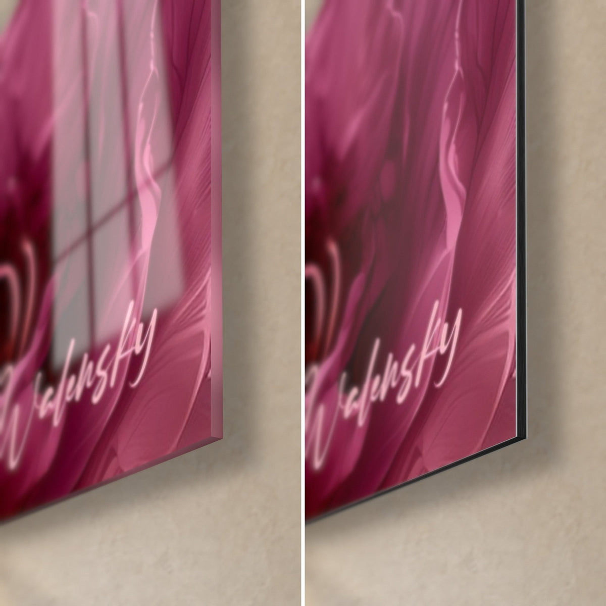 Tableau floraison d'azalées rose et bordeaux, coin bas droit : verre acrylique brillant à gauche, Dibond mat noir à droite