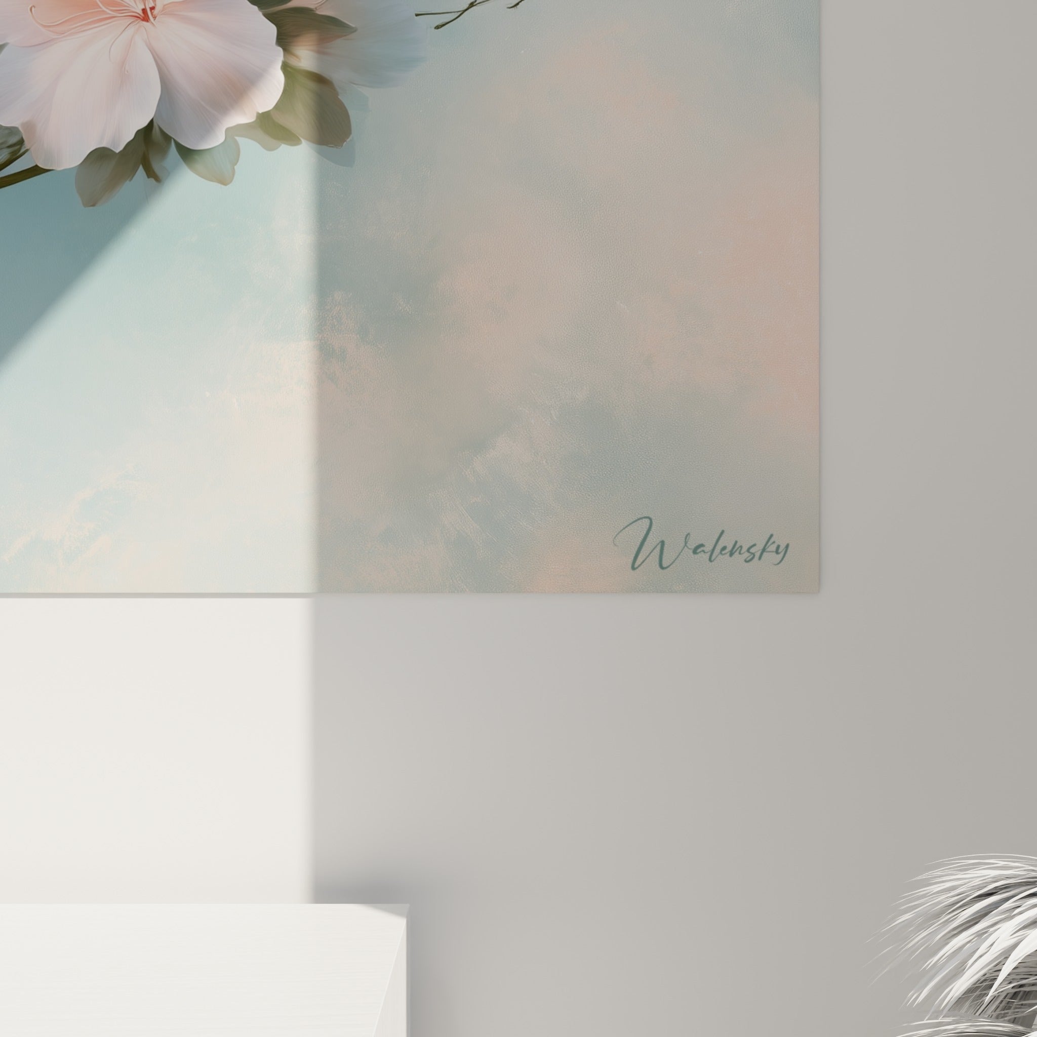 Détail des pétales d'azalée où le grain de la toile révèle les nuances rose et bleu pastel