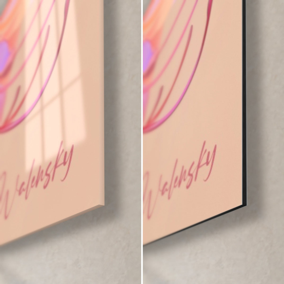 Tableau fleurs d'azalée, signature Walensky rose sur fond pêche, coin en verre acrylique brillant et alu Dibond noir mat