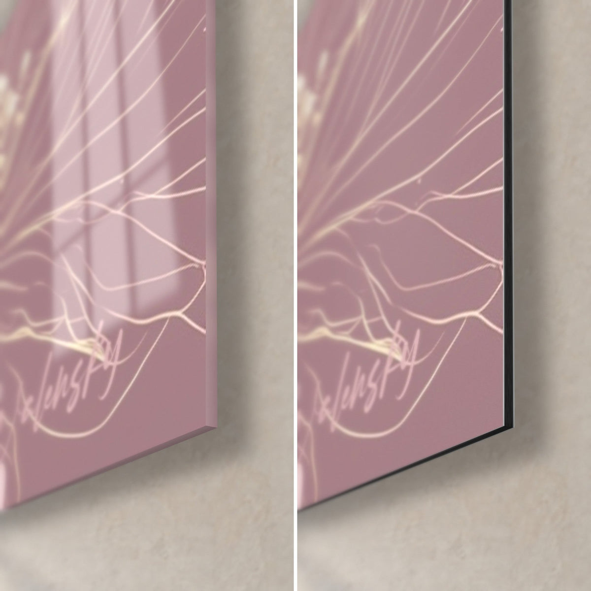 Tableau azalées magenta, coin bas droit : verre brillant reflétant la lumière, alu Dibond mat et tranche de 3 mm, fond mauve