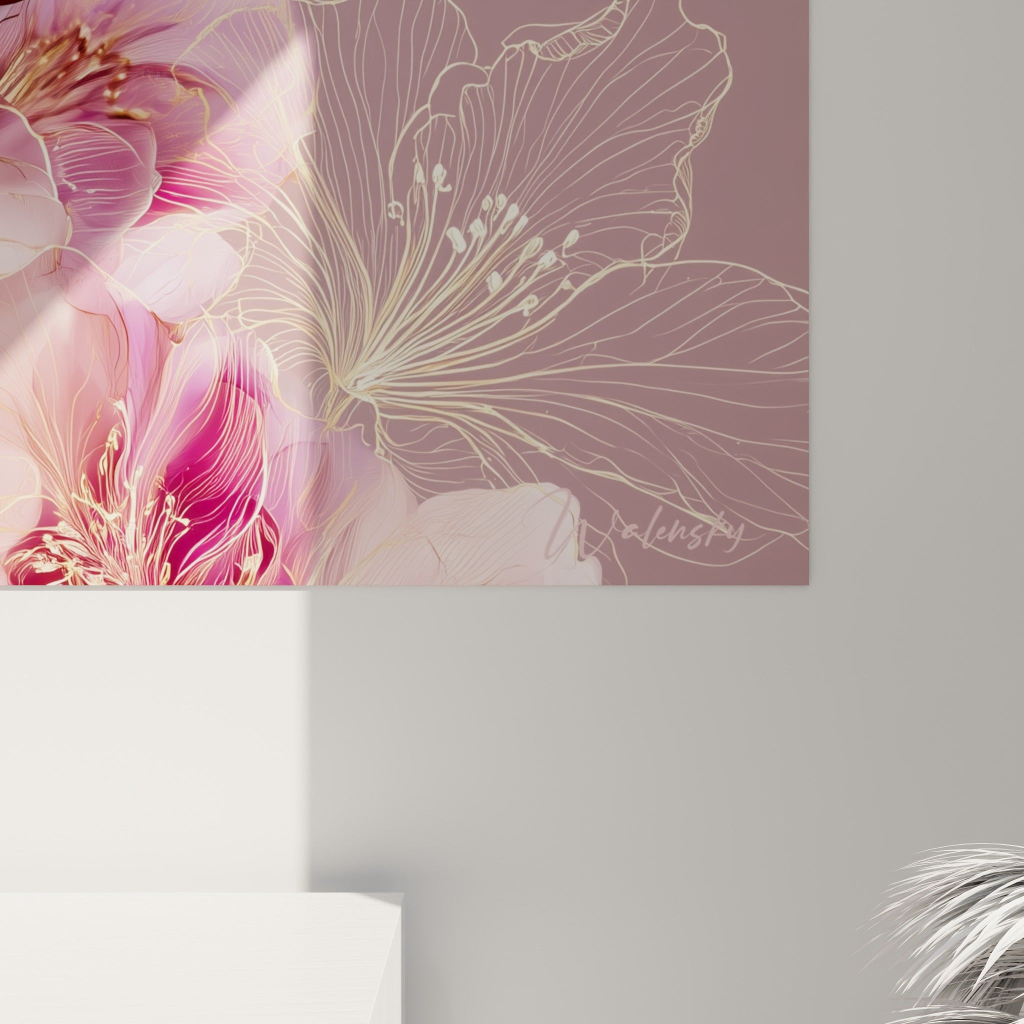 Détail des pétales d'azalée rose et prune où l'aquarelle numérique révèle des nervures dorées finement tracées