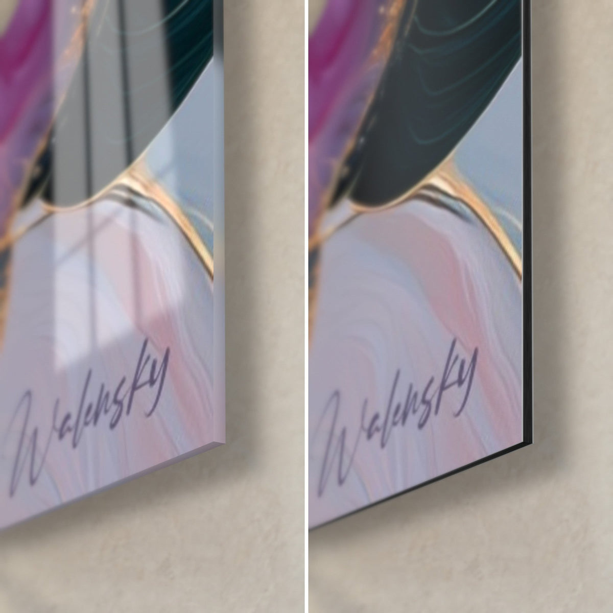 Tableau fleur d'azalée rose et lavande, coin bas droit : verre acrylique brillant à gauche, Dibond mat à droite, tranche fine