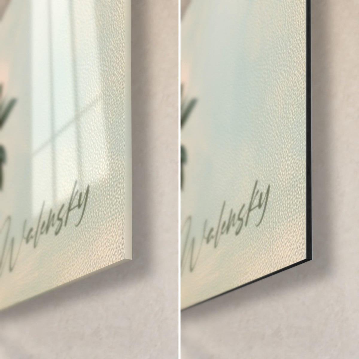 Tableau azalée rose et corail, coin bas droit : verre acrylique brillant et reflets à gauche, alu Dibond noir mat à droite