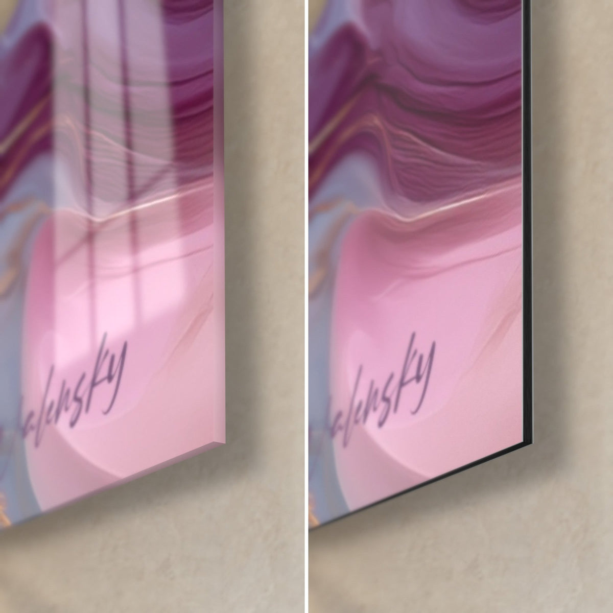 Wall art of a pale pink azalea bloom, bottom right corner: glossy acrylic glass reflecting the window, matt black Dibond