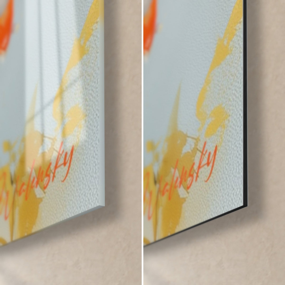 Tableau azalées orange, feuilles jaune doré et signature rouge, coin bas droit : verre brillant à gauche, Dibond mat à droite