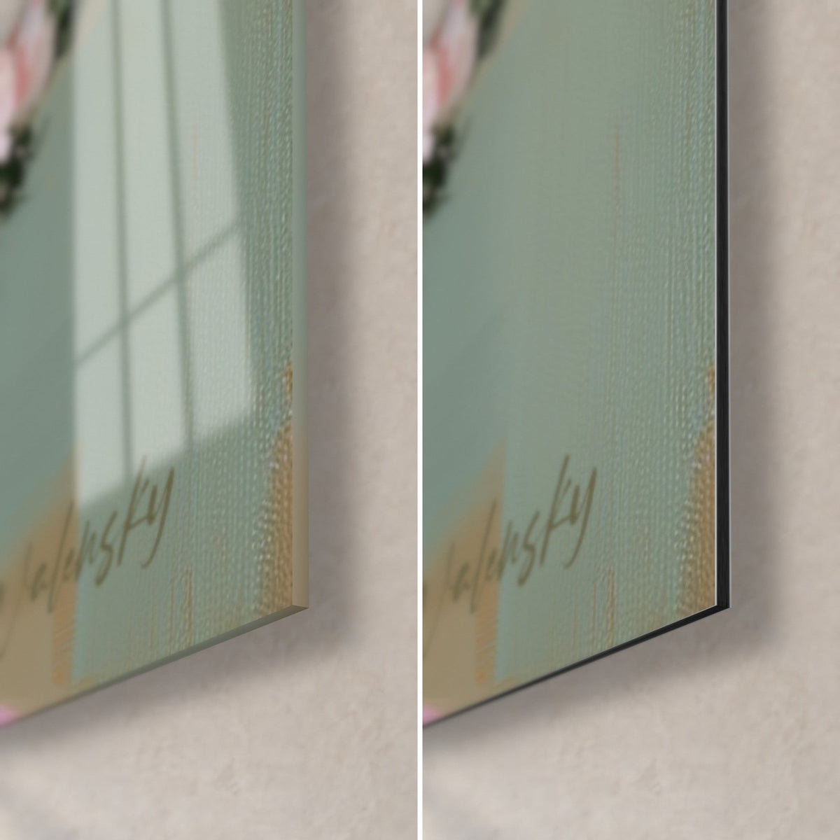 Tableau azalée en bonsaï, coin bas droit : verre brillant à reflets, alu Dibond noir mat, tranche 3 mm, vert sauge