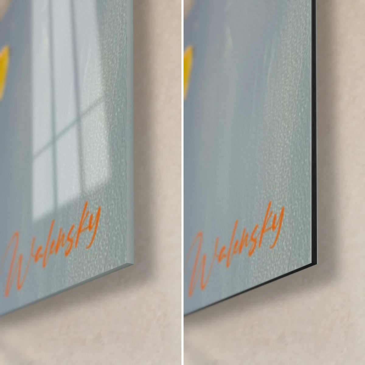 Gemälde Azaleenblüten in Orange, Walensky-Signatur in Orange auf blaugrauem Grund, glänzendes Glas links, mattes Dibond rechts