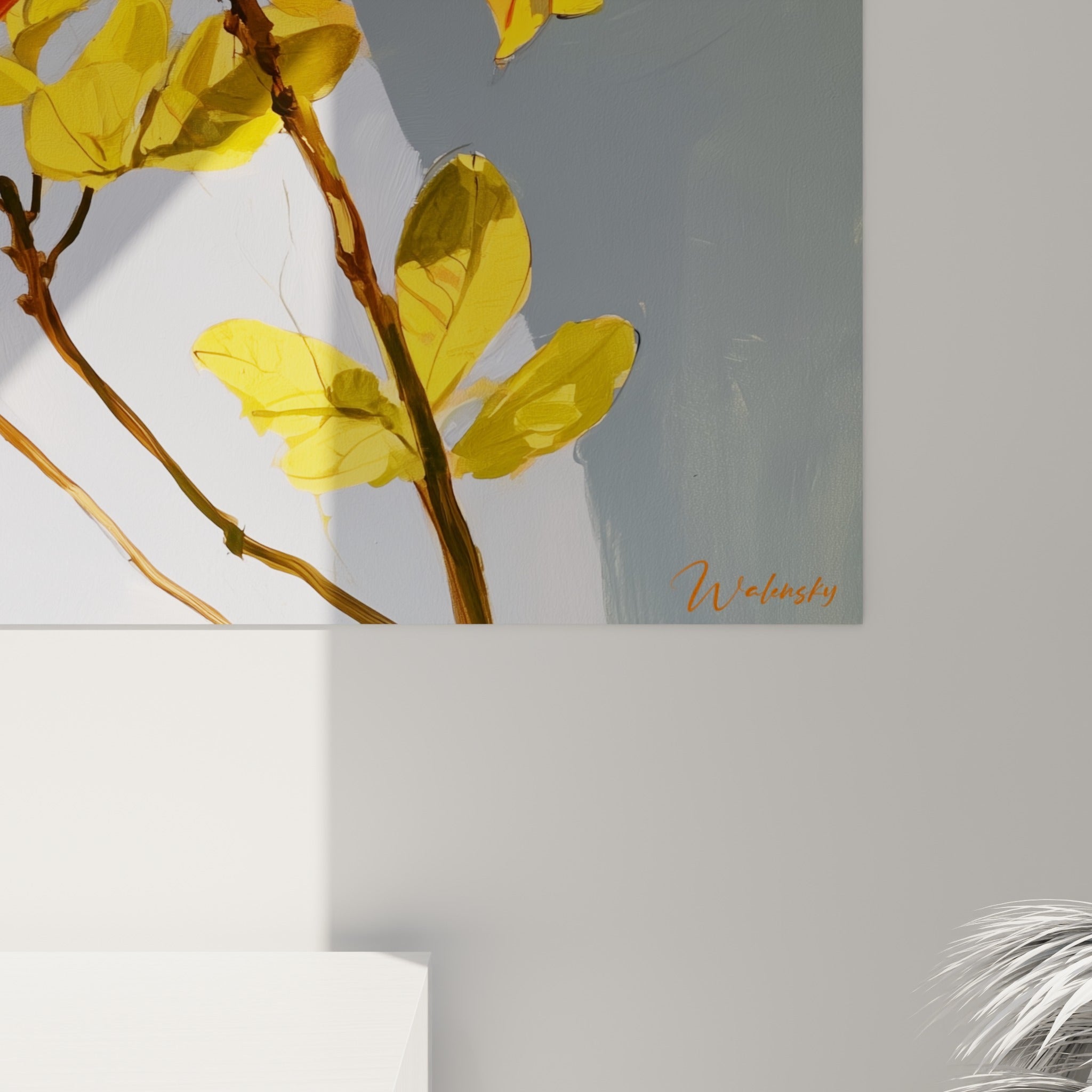 Empâtements orange et rouge de l'Azalée, coulures visibles et grain de peinture sur toile texturée