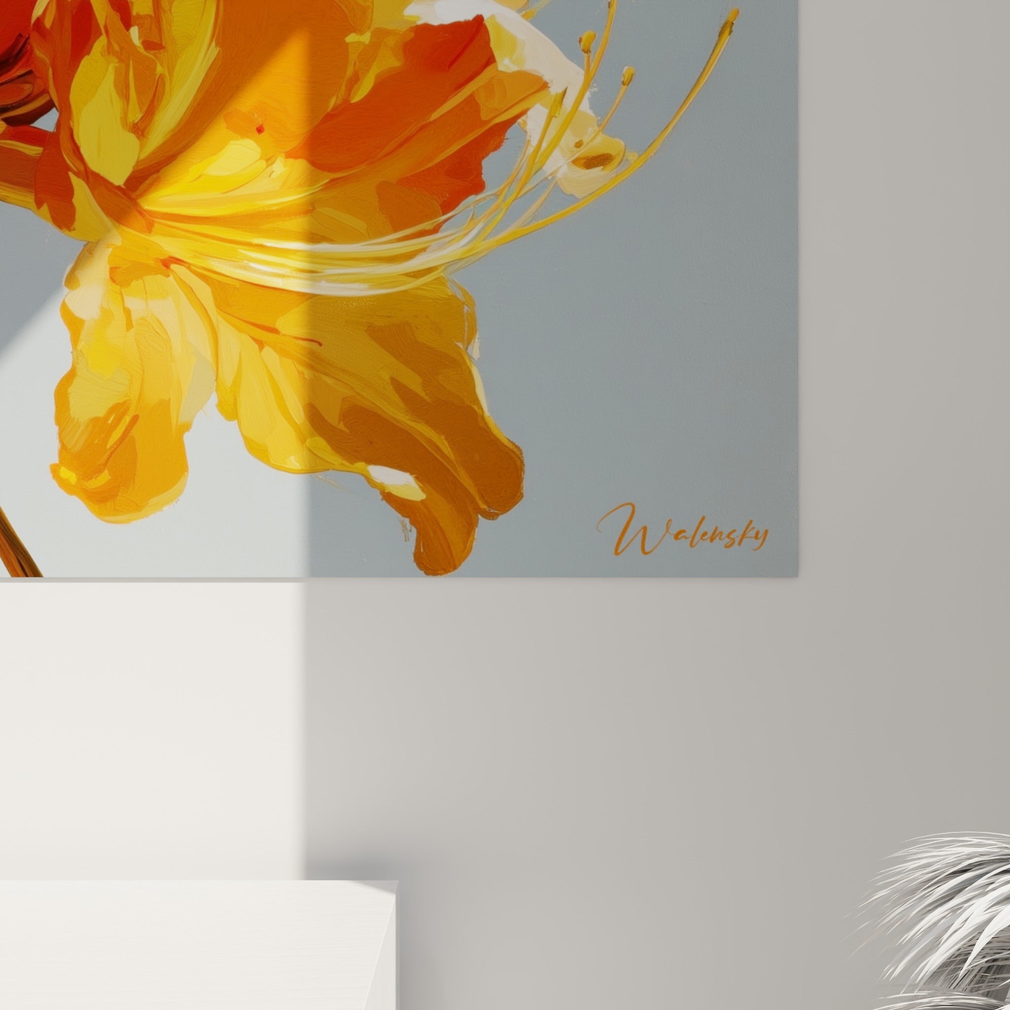 Empâtements orange et jaune sur pétales d'azalée, coulures de peinture visibles en gros plan sur la toile