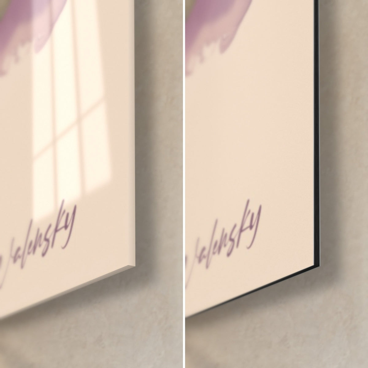 Cuadro orquídea violeta y humo púrpura, esquina inferior derecha con firma Walensky, cristal acrílico brillante y Dibond aluminio mate