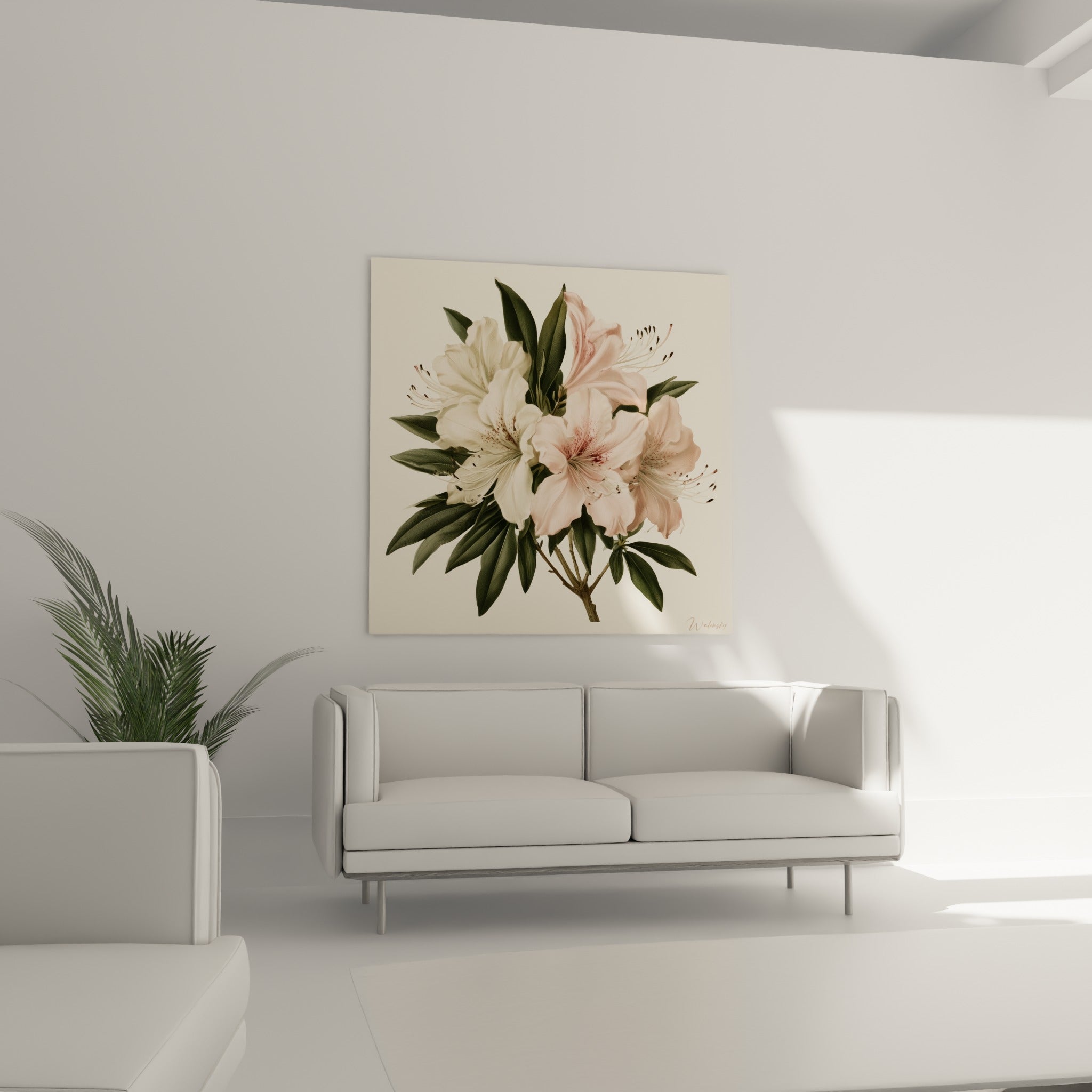 Fleurs d'azalée blanches et roses aux étamines brunes au-dessus d'un canapé dans un salon lumineux