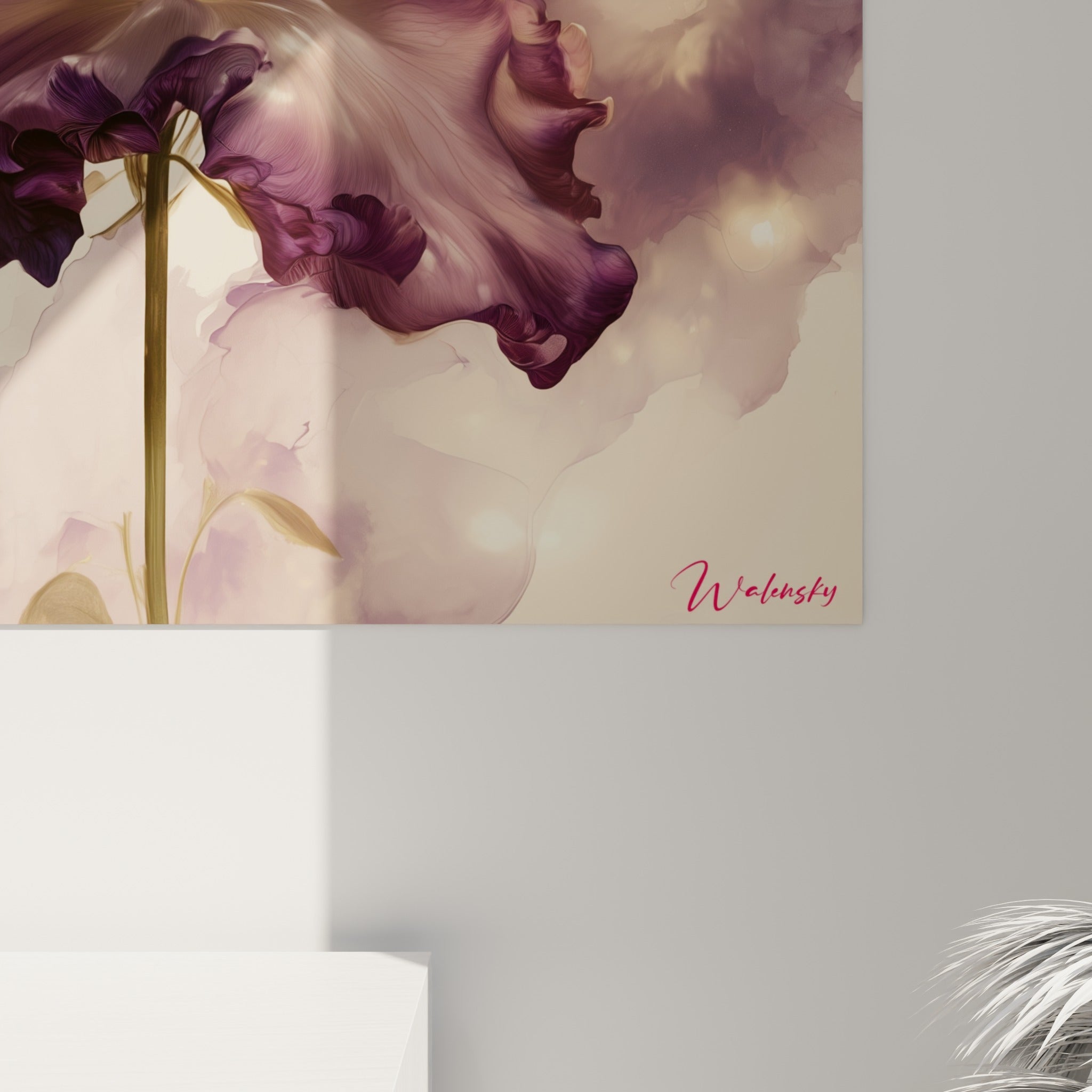 Détail des veinures violettes et des reflets dorés du pétale Azalée, texture aquarelle et empâtements visibles