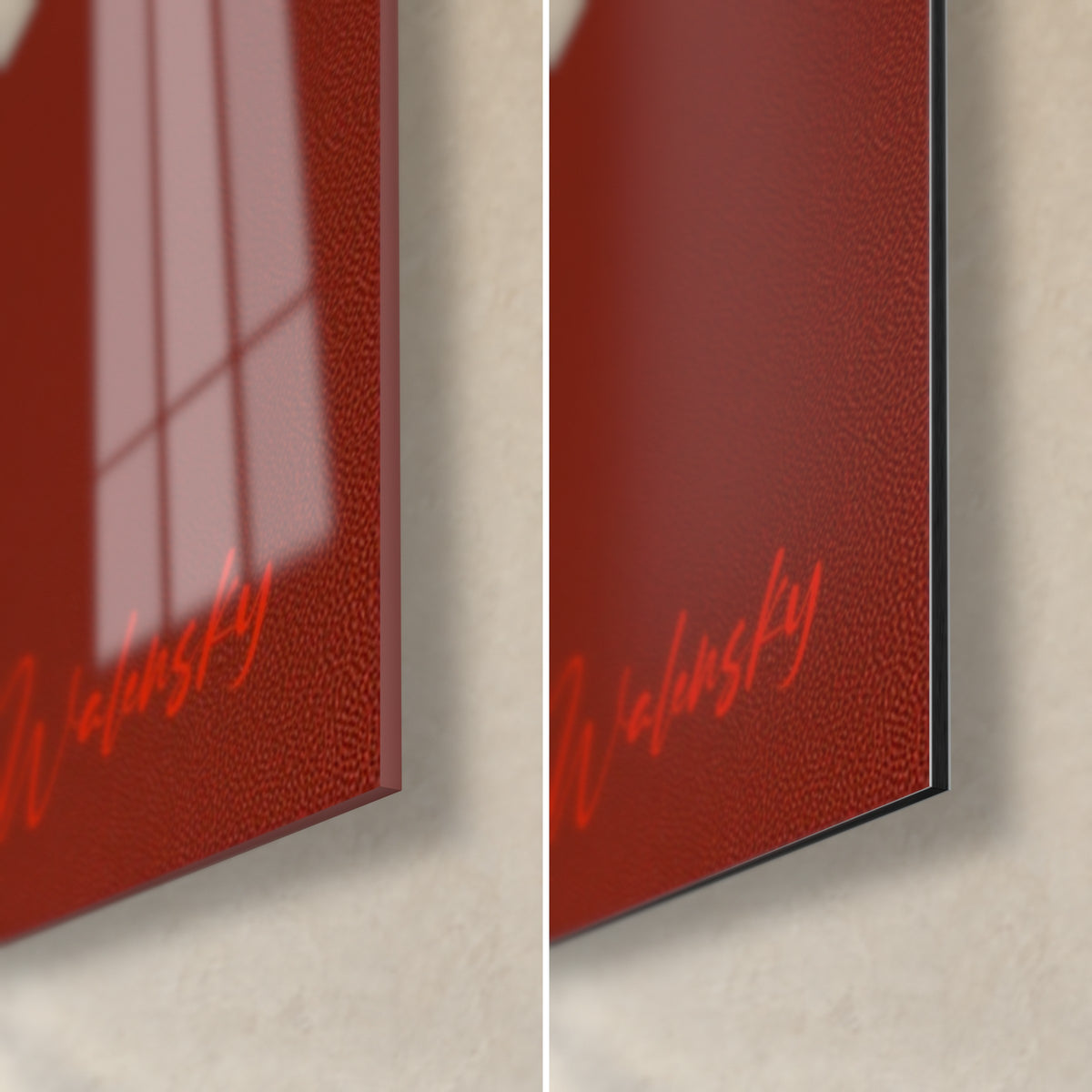 Cuadro de flor crema sobre rojo ladrillo, esquina inferior derecha, cristal acrílico brillante a la izquierda, aluminio Dibond mate a la derecha, canto de 3 mm