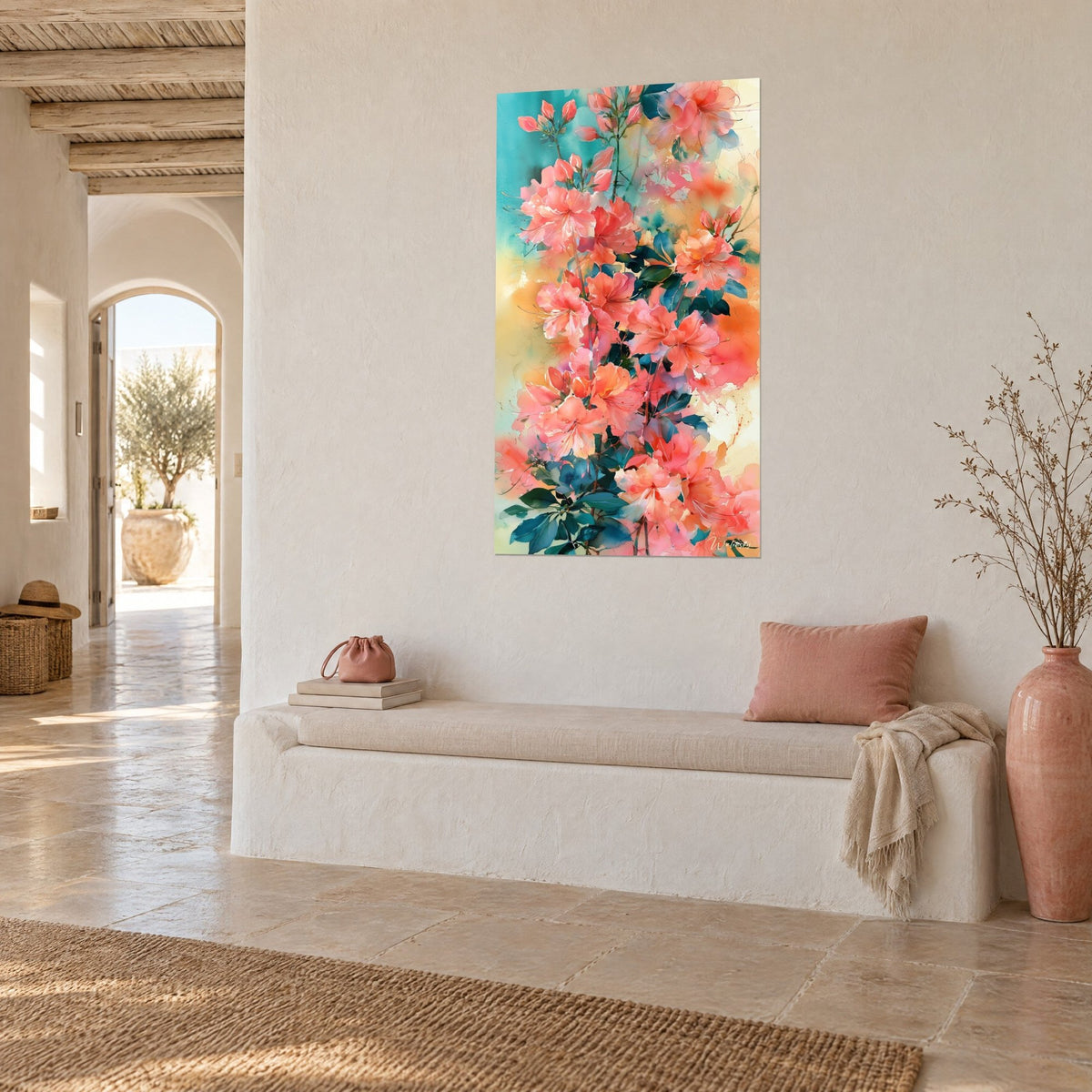 Wall art bouquet of salmon flowers with fine stamens, dark green foliage and turquoise sky, white bench, Mediterranean house