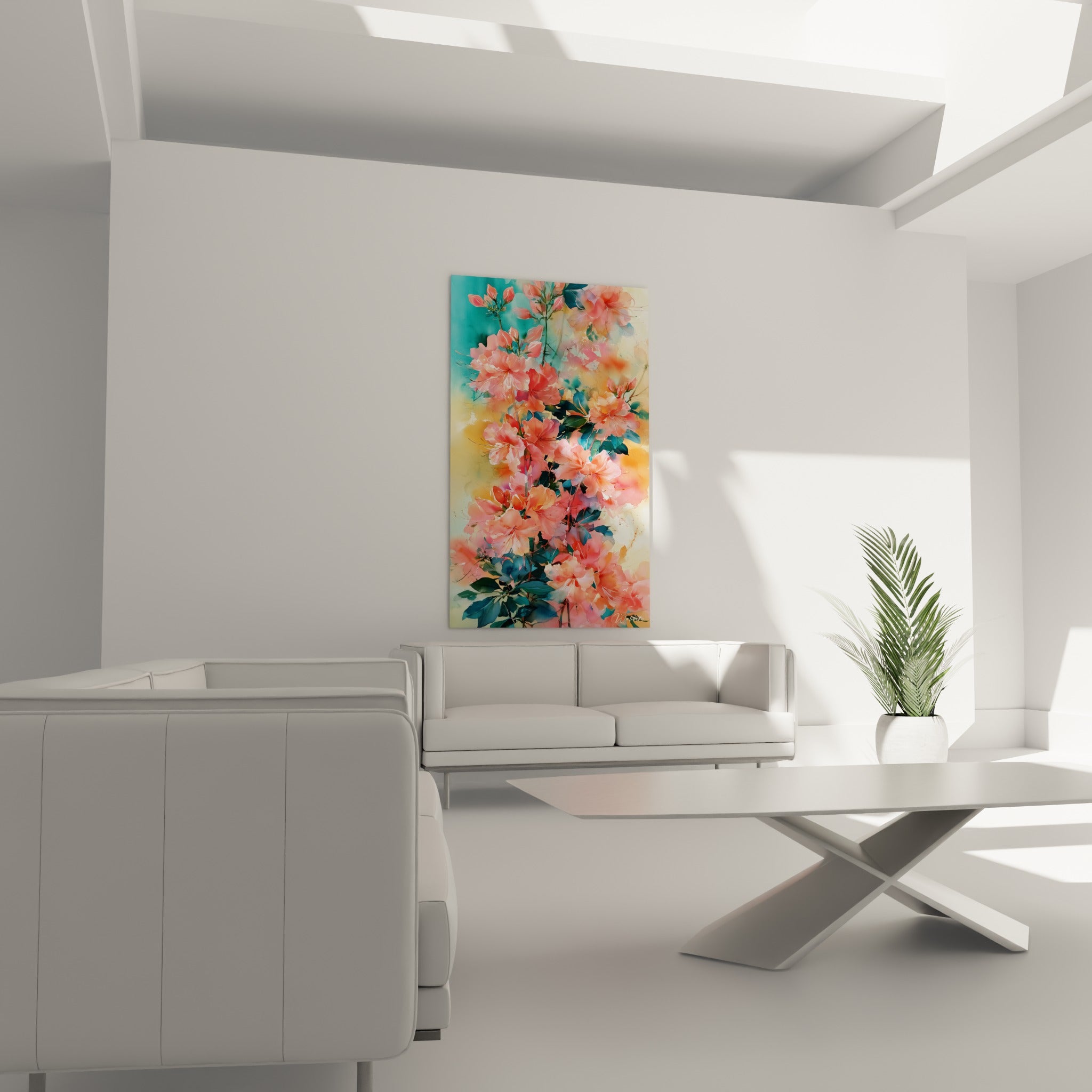 Grappe d'azalées roses et feuillage bleu pétrole placée au-dessus d'un canapé dans un salon lumineux