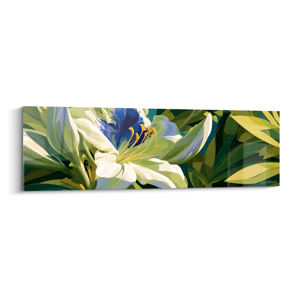 Cuadro Flor blanca y azul rey con estambres dorados - Frondas verde oliva denso - Edición Azalea
