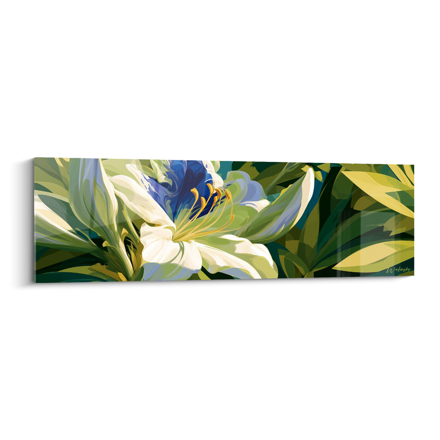 Tableau Fleur blanche et bleu roi aux étamines dorées - Feuillage vert olive dense - Edition Azalée