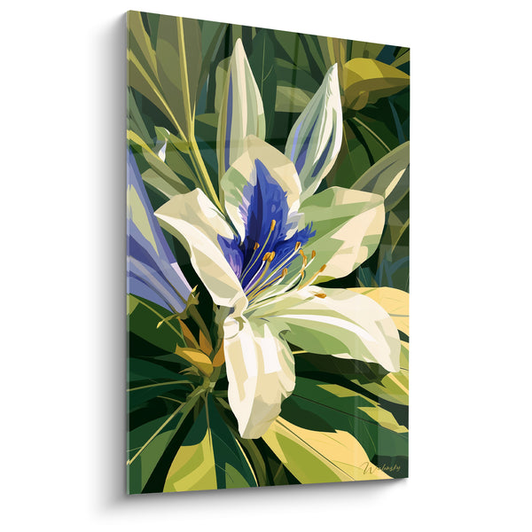Cuadro Flor blanca con corazón azul profundo - Estambres dorados y botón vecino - Edición Azalea