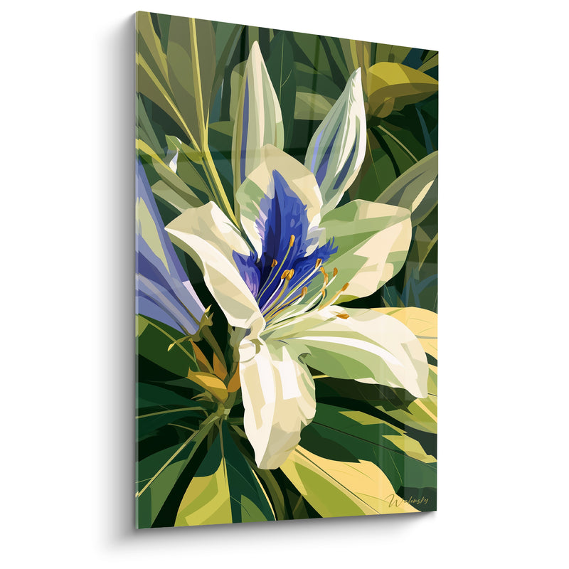 Tableau Fleur blanche au cœur bleu profond - Étamines dorées et bouton voisin - Edition Azalée