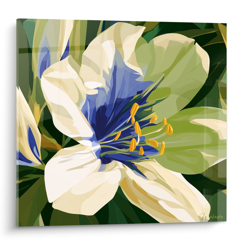 Tableau Fleur blanche au cœur bleu indigo - Éveil du jardin - Edition Azalée