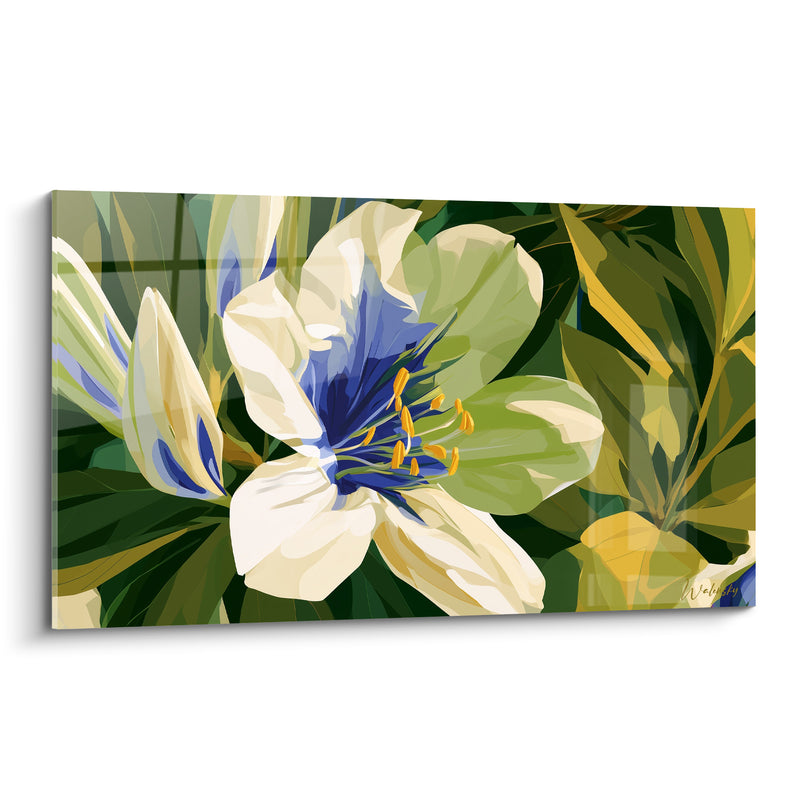 Tableau Fleur ivoire et bleu indigo aux étamines orangées - Bouton fermé voisin - Edition Azalée