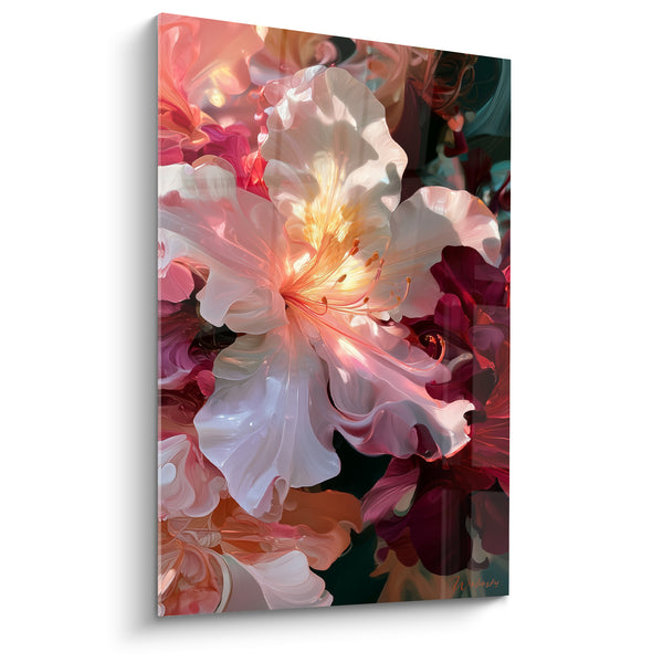 Cuadro Flor blanca con pétalos luminosos - Florecimiento dorado - Edición Azalea