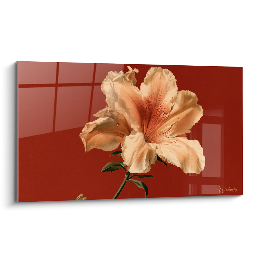 Tableau Azalée crème sur fond rouge profond - Éclosion silencieuse - Edition Azalée