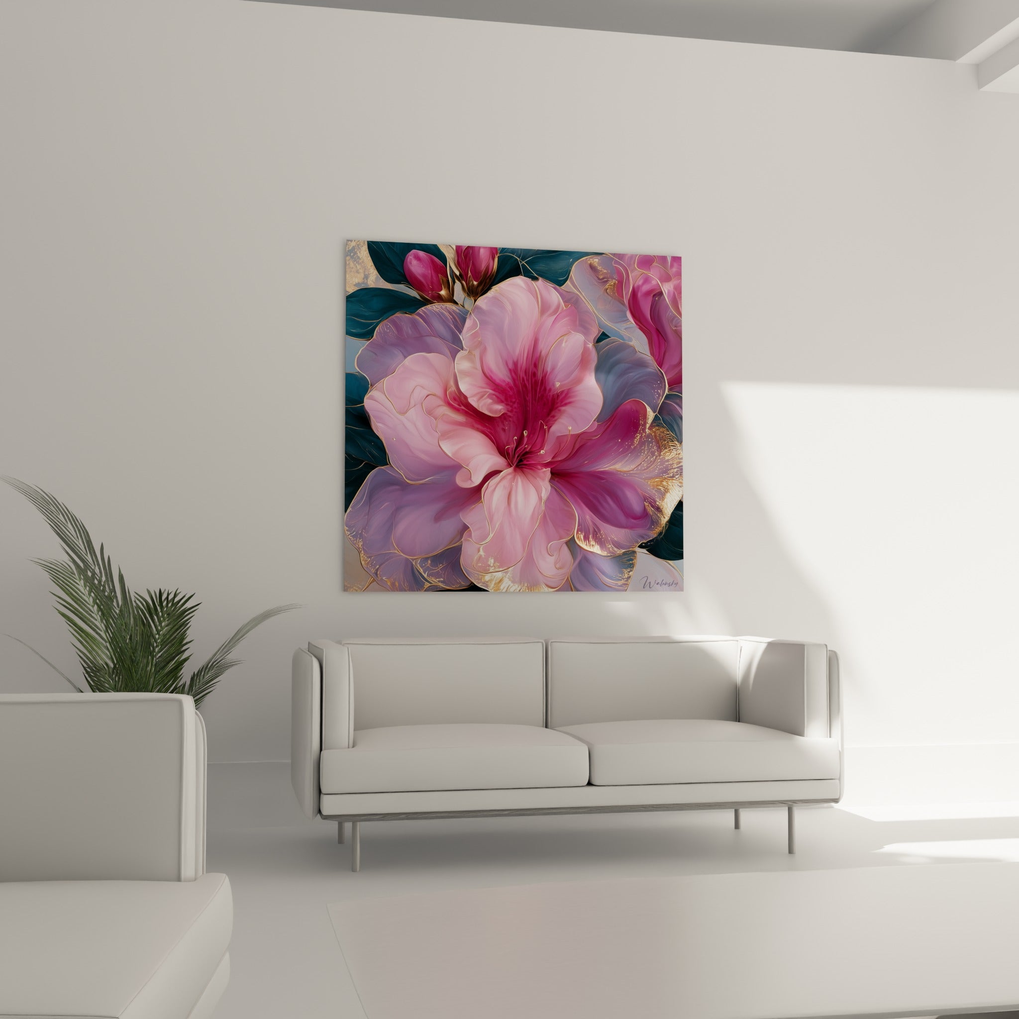 Fleur d'azalée mauve et rose vif aux contours dorés, disposée au-dessus d'un canapé dans un salon lumineux
