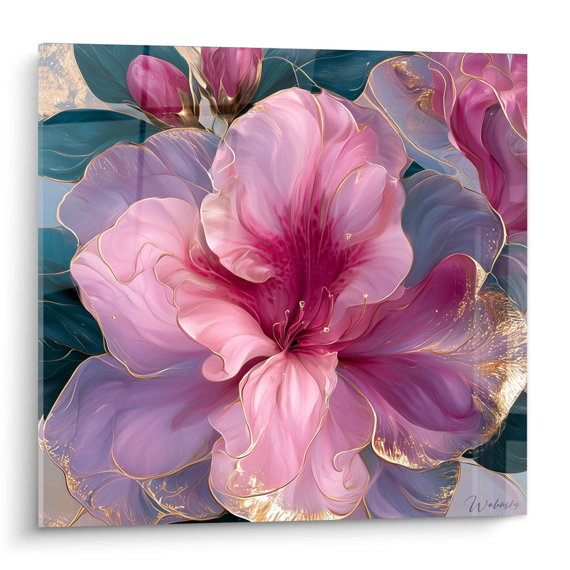 Tableau Azalée fleur rose et bordeaux dorée - Éclosion précieuse - Edition Azalée