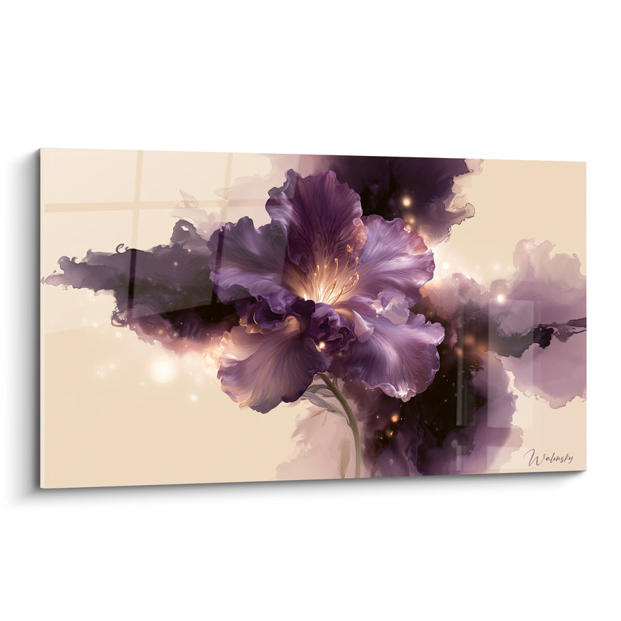 Tableau Fleur violette et pourpre aux volutes fumées - Étincelles dorées diffuses - Edition Azalée