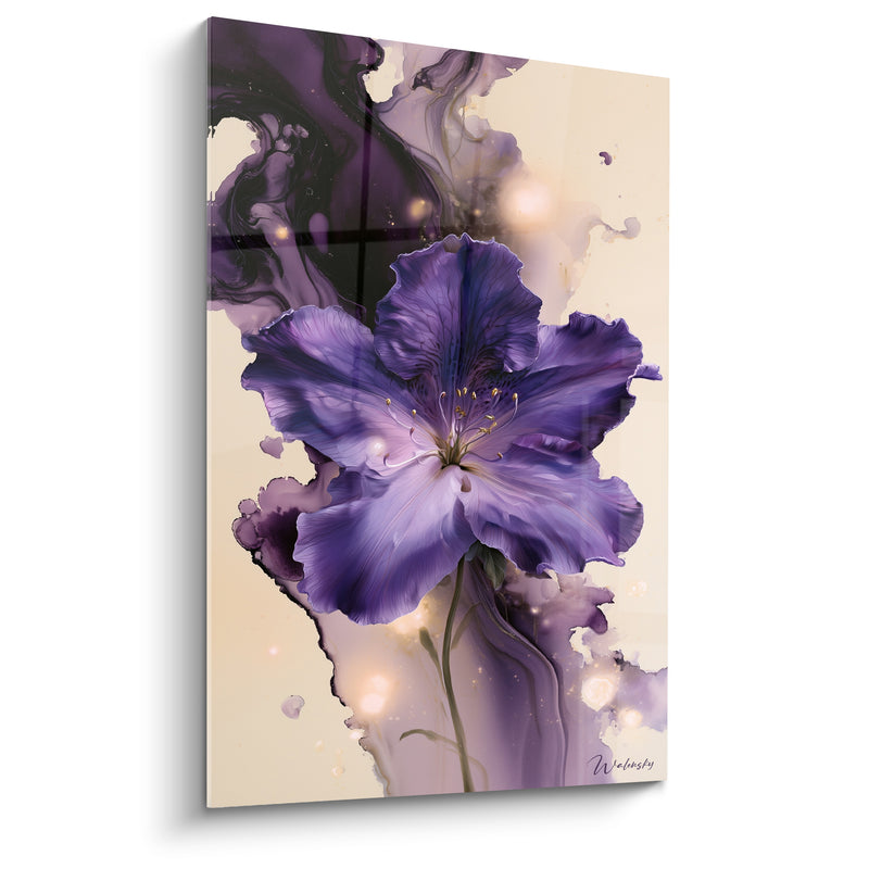 Tableau Fleur violette et ivoire aux volutes encrées - Halos lumineux dorés - Edition Azalée