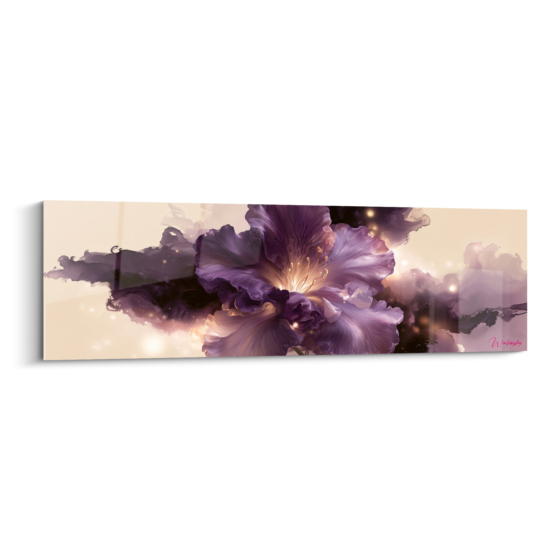 Fleur Azalée violette aux pétales déployés et cœur doré sur fond fumé anthracite et beige