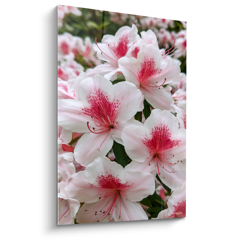 Tableau Fleurs blanches et roses aux étamines pourpres délicates - Cœur moucheté fuchsia - Edition Azalée