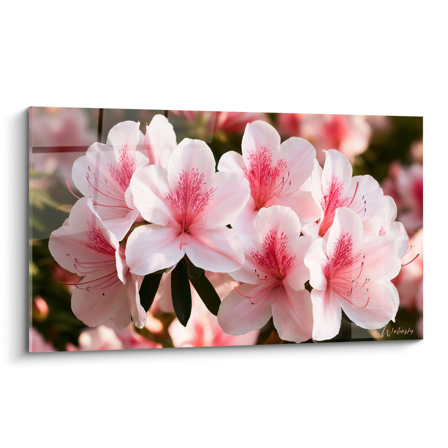 Tableau Fleurs blanches et roses aux étamines rouges éclatantes - Grappe éclairée de soleil - Edition Azalée